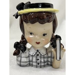 NAPCO Gingham Umbrella Girl Head Vase ~Gray, Brunette ~ Excellent Cond